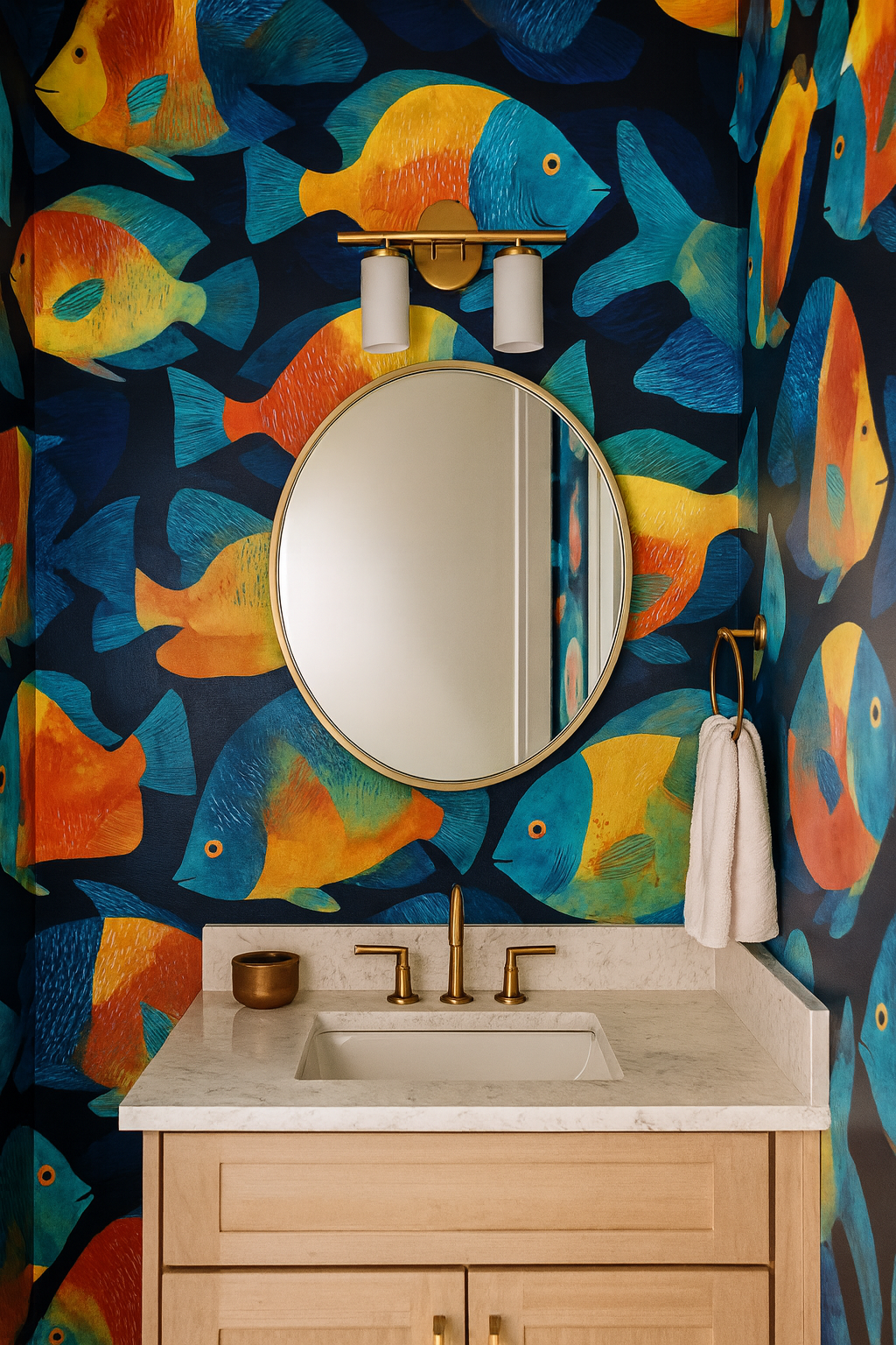 Tropic Chorus wallpaper with fish pattern, on a bathroom wall, accented by a round mirror and light fixtures.

