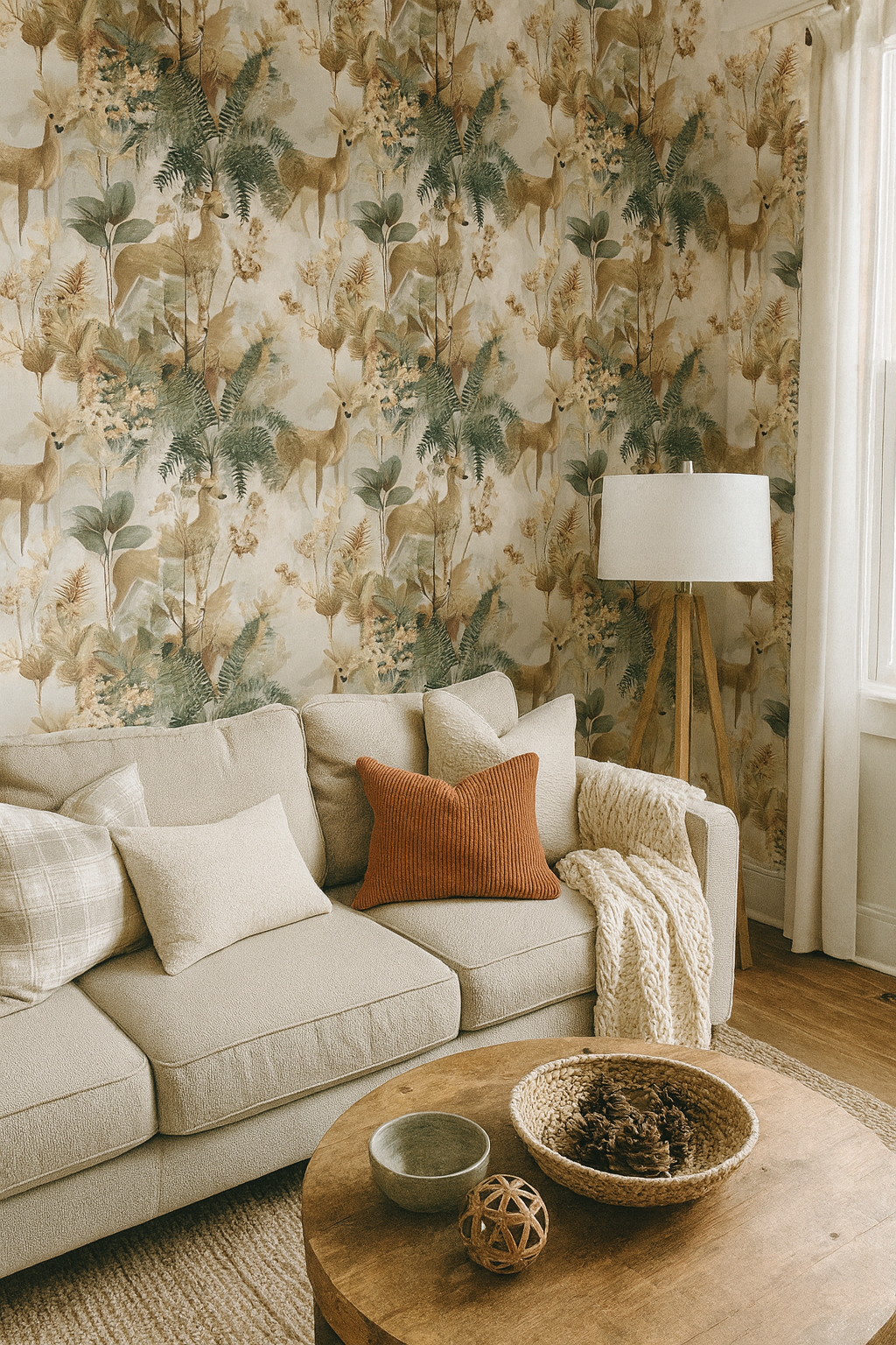 Forest Fawns wallpaper featuring deer and botanical foliage with earthy color palette and nature-inspired textures.
