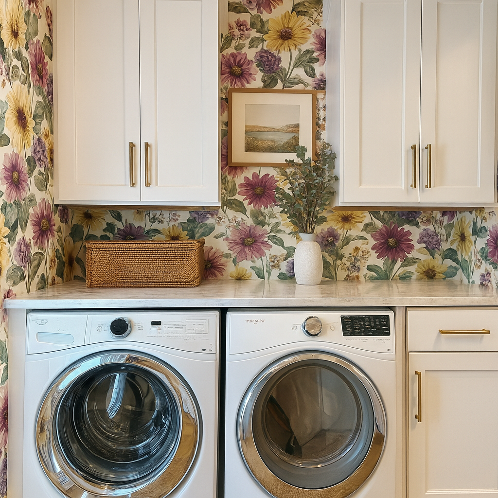 Prairie Reverie Wallpaper with floral pattern, in a laundry room setting.