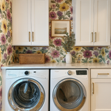 Prairie Reverie Wallpaper with floral pattern, in a laundry room setting.
