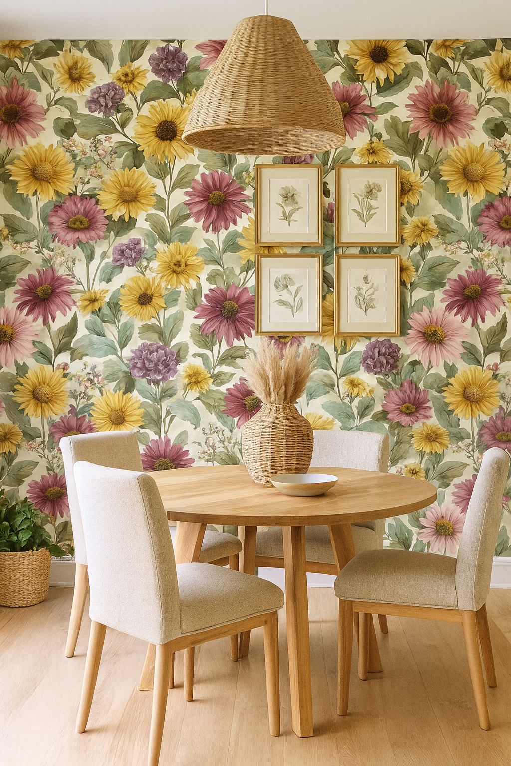 Floral print Prairie Reverie Wallpaper featuring a pattern of sunflowers and purple flowers on a cream background.