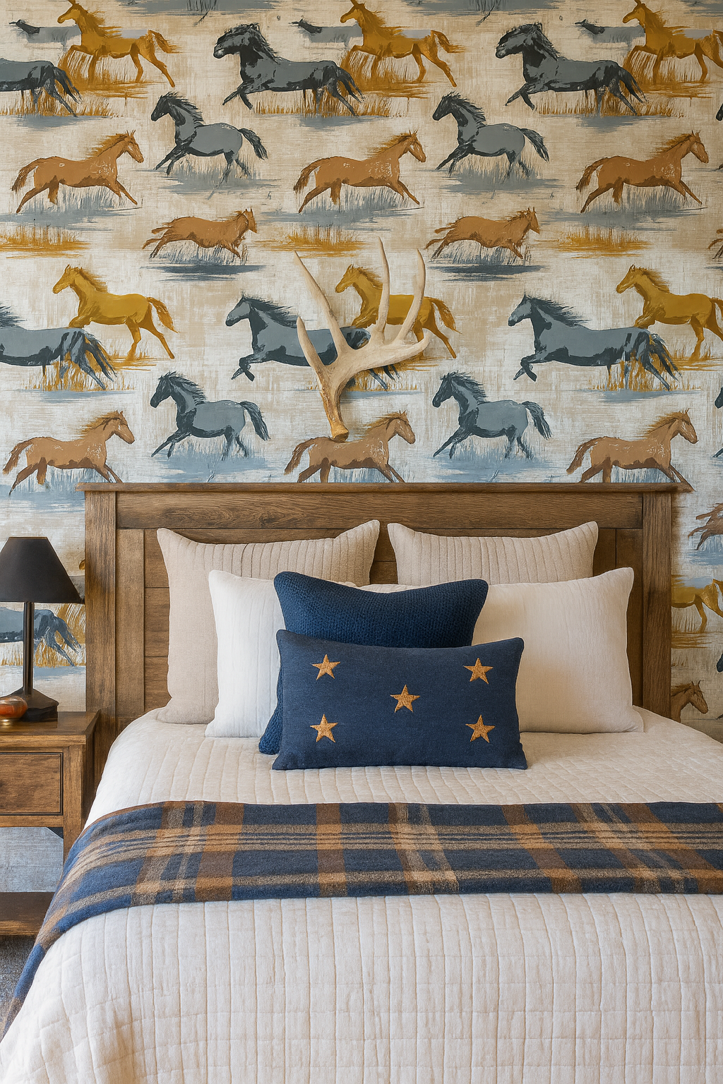 Run Wild Wallpaper with a horse pattern, featuring brown, grey, and gold colors, on a textured wall above a wooden headboard.
