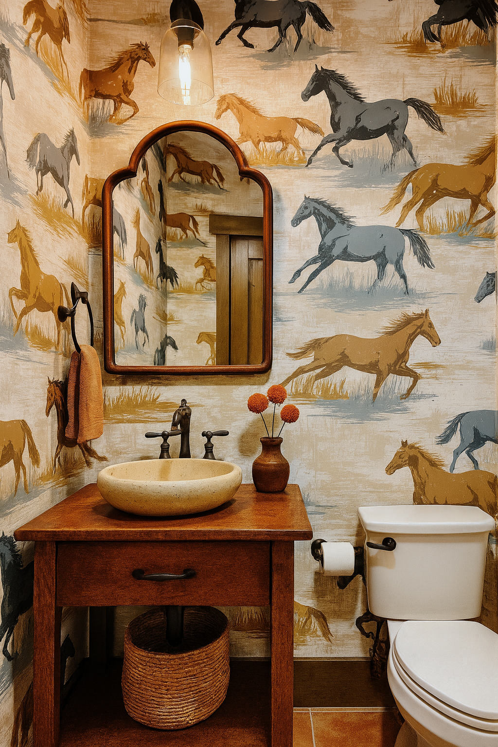 Run Wild wallpaper with horse pattern over the bathroom wall.
