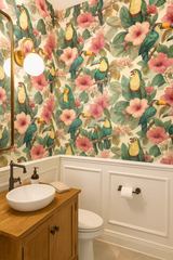 Jungle Cantata Wallpaper with toucan and hibiscus floral pattern on light beige background.
