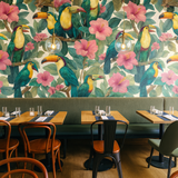 Tropical wallpaper with toucans and hibiscus flowers, patterned background.
