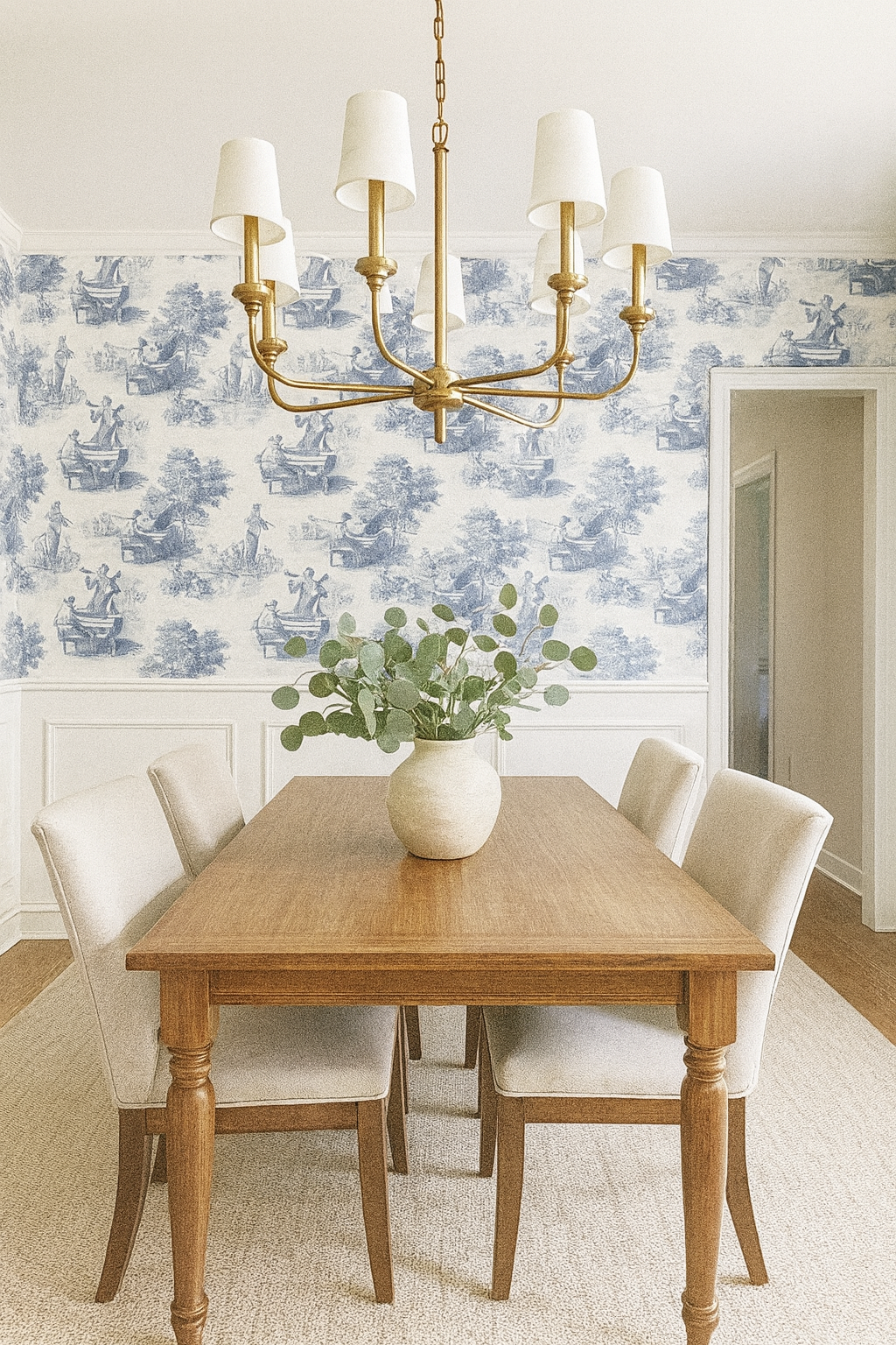 Blue and white toile Harmonie wallpaper with figures and landscapes, complemented by a gold chandelier and wooden dining set.