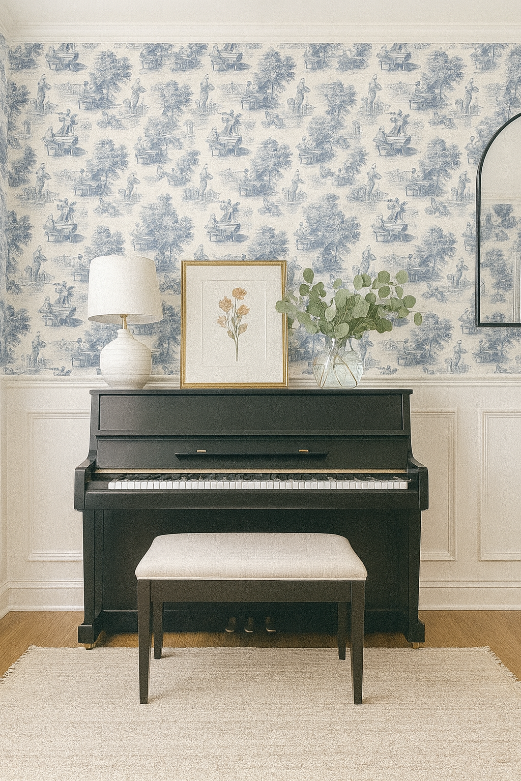 Toile Harmonie wallpaper with a blue pastoral pattern covering the wall, above a black piano.
