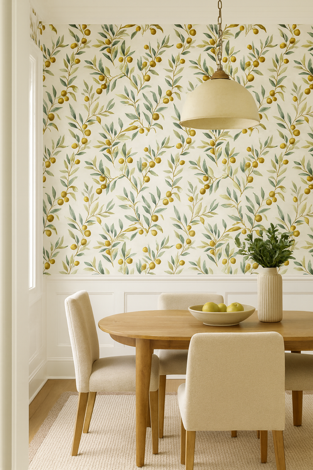 Olive branch patterned wallpaper featuring green and yellow olives, paired with white wainscoting.
