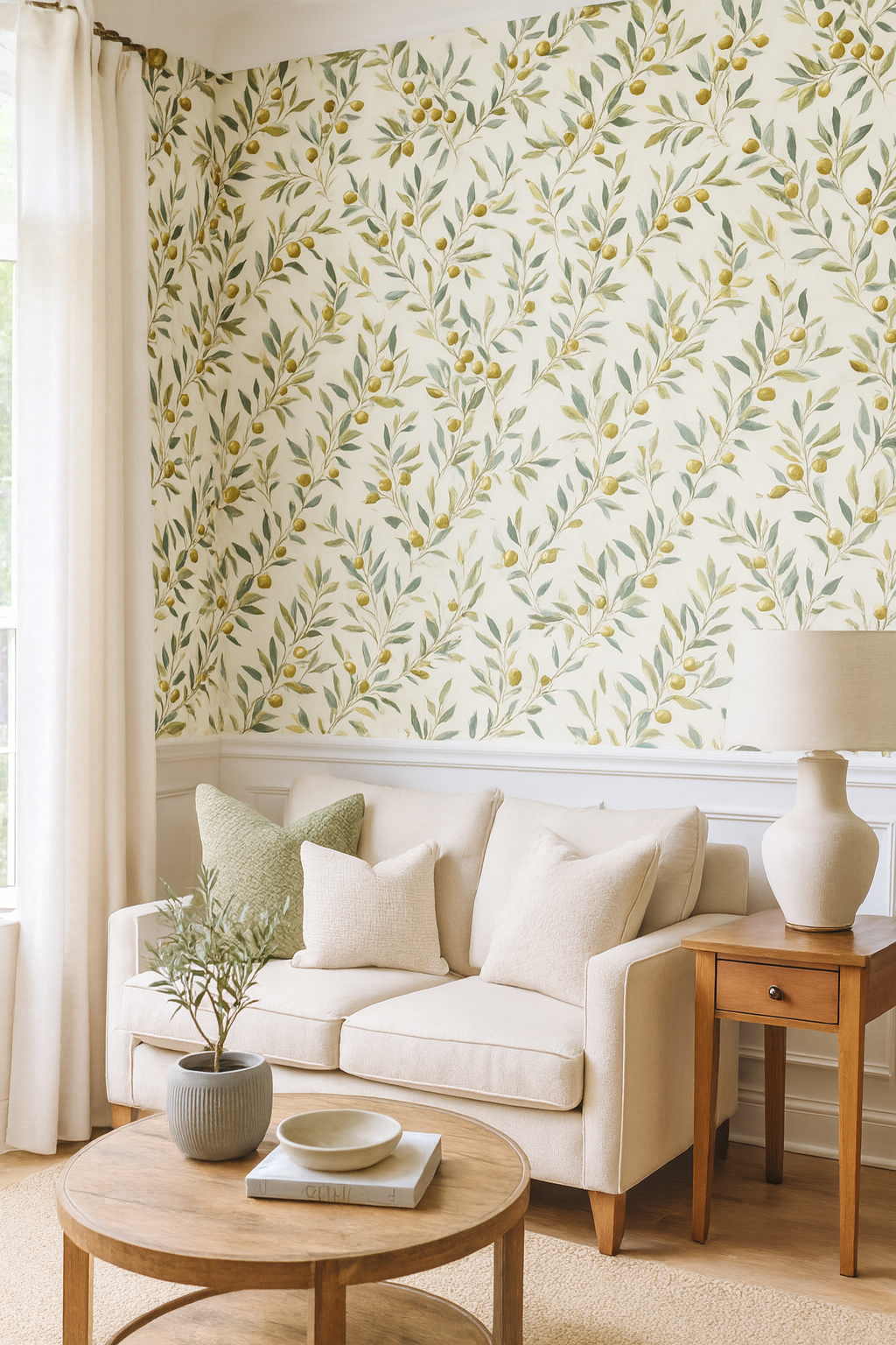 Olive branch patterned wallpaper with cream background, from an unknown brand, in a bright, styled room setting.