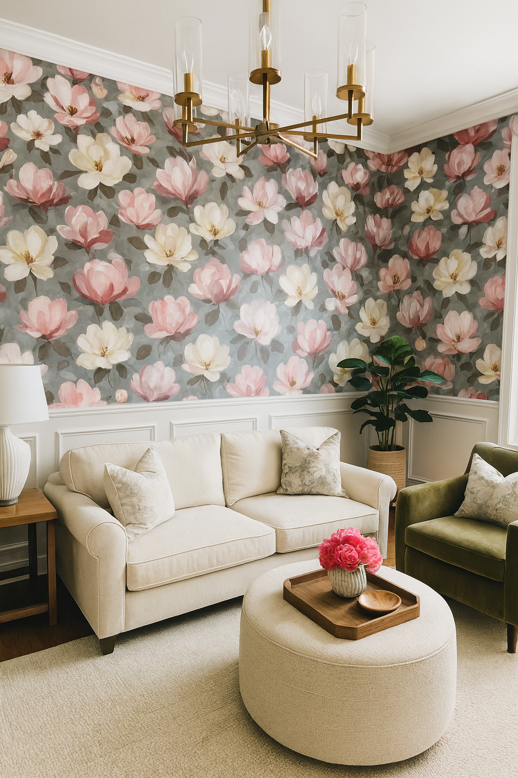 Floral magnolia print wallpaper, with a gray background, features pink and cream blossoms.