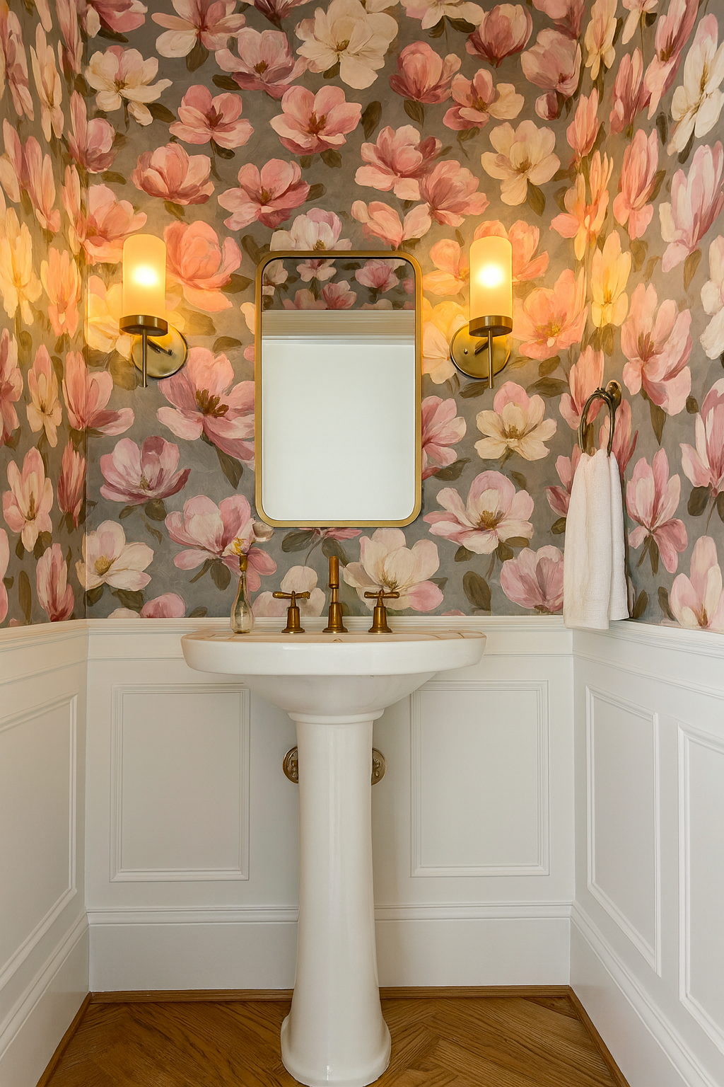 Magnolia Reverie wallpaper with pink flowers and grey background, creating a vintage, floral-themed bathroom interior.
