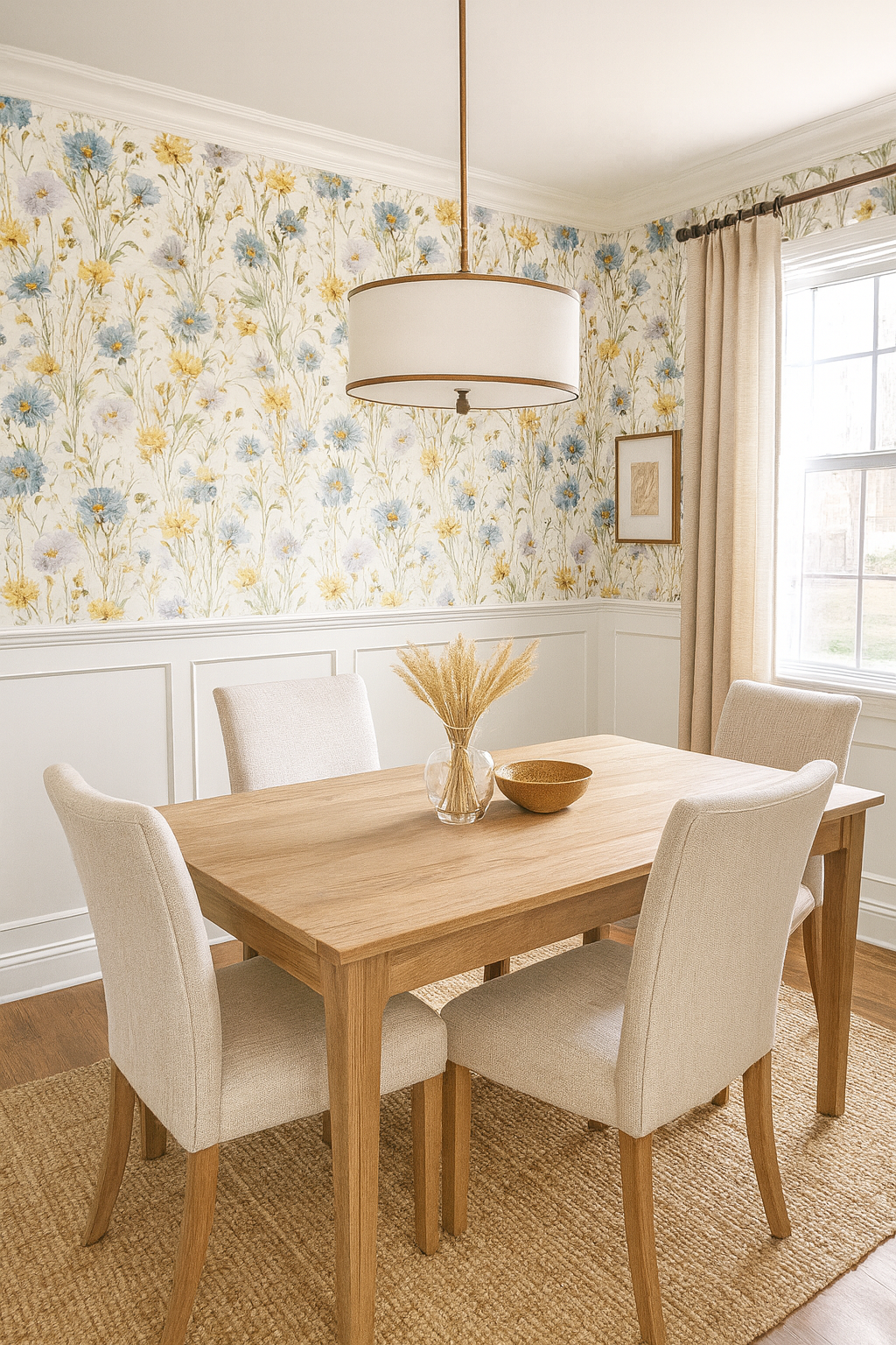 Floral Meadow Flicker Wallpaper with yellow and blue flowers covering the walls above white wainscoting in a dining room setting.