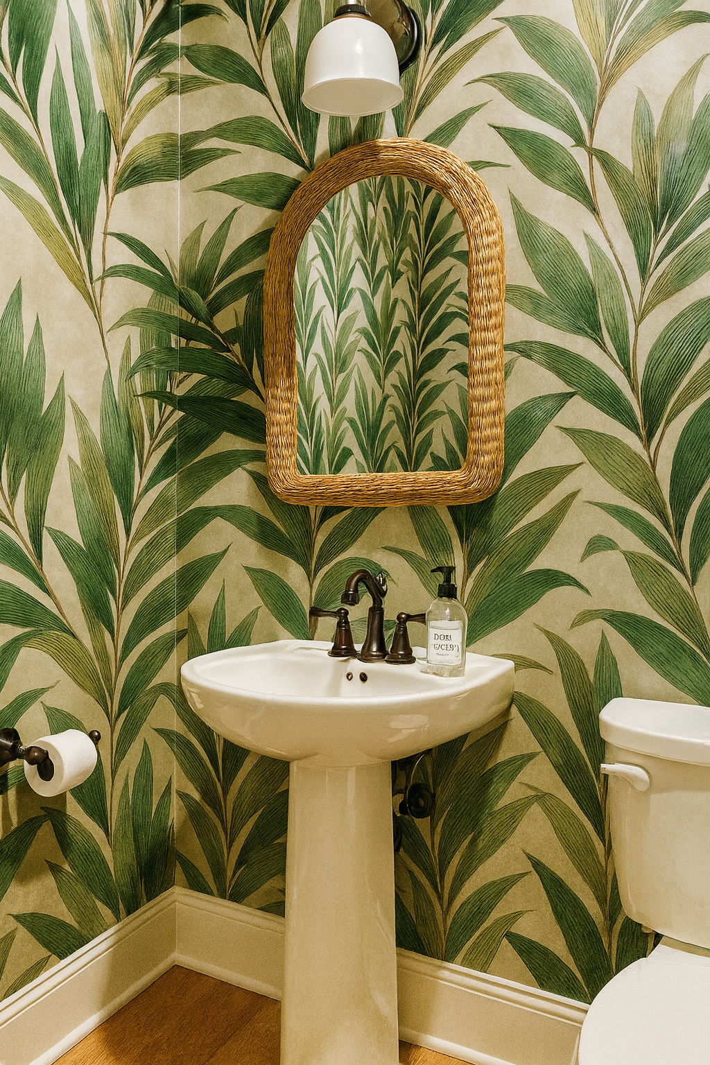 Green leaf pattern wallpaper with natural accents.