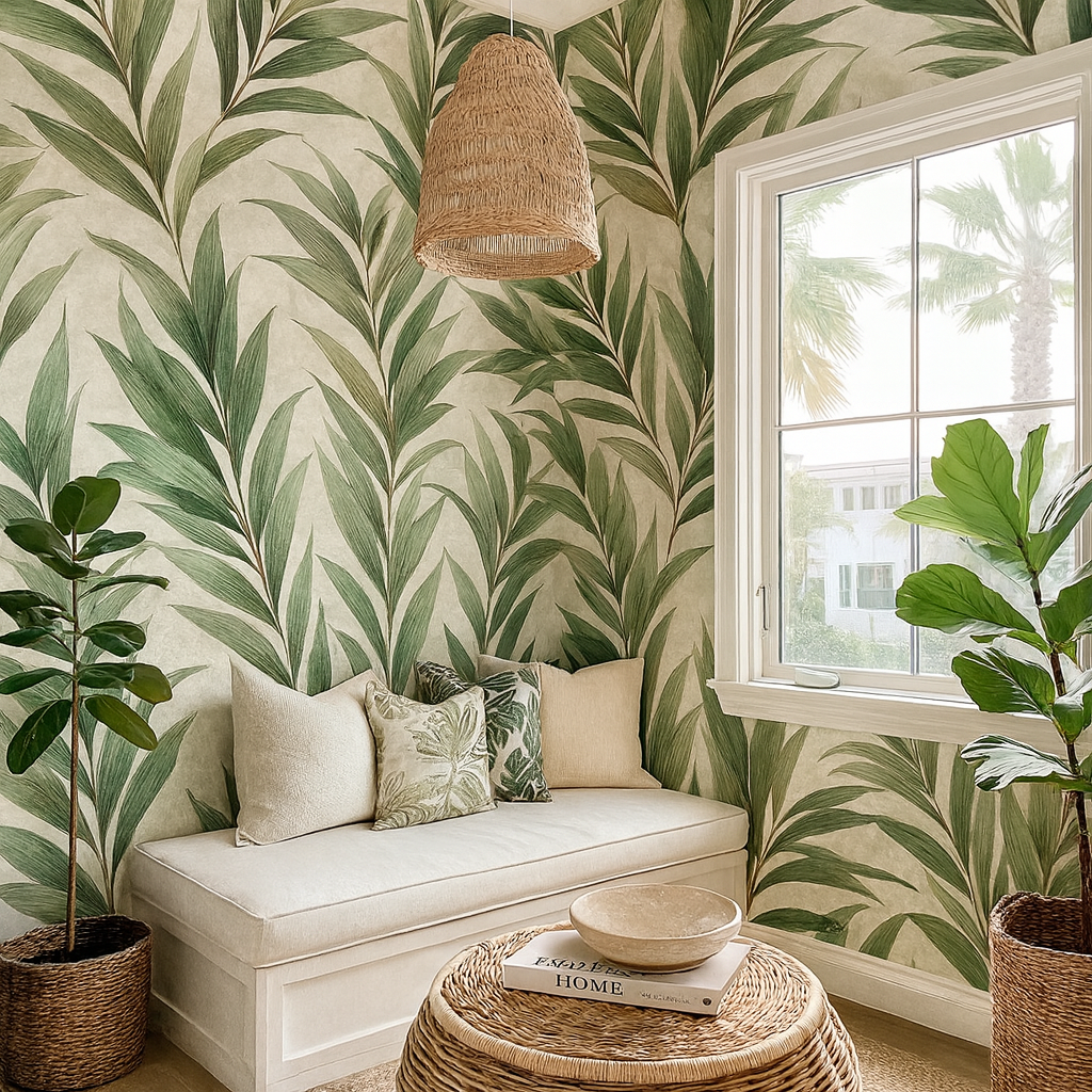 Green leaf-patterned wallpaper with tropical style, featuring palm fronds and lush foliage, styled in a bright, inviting room.
