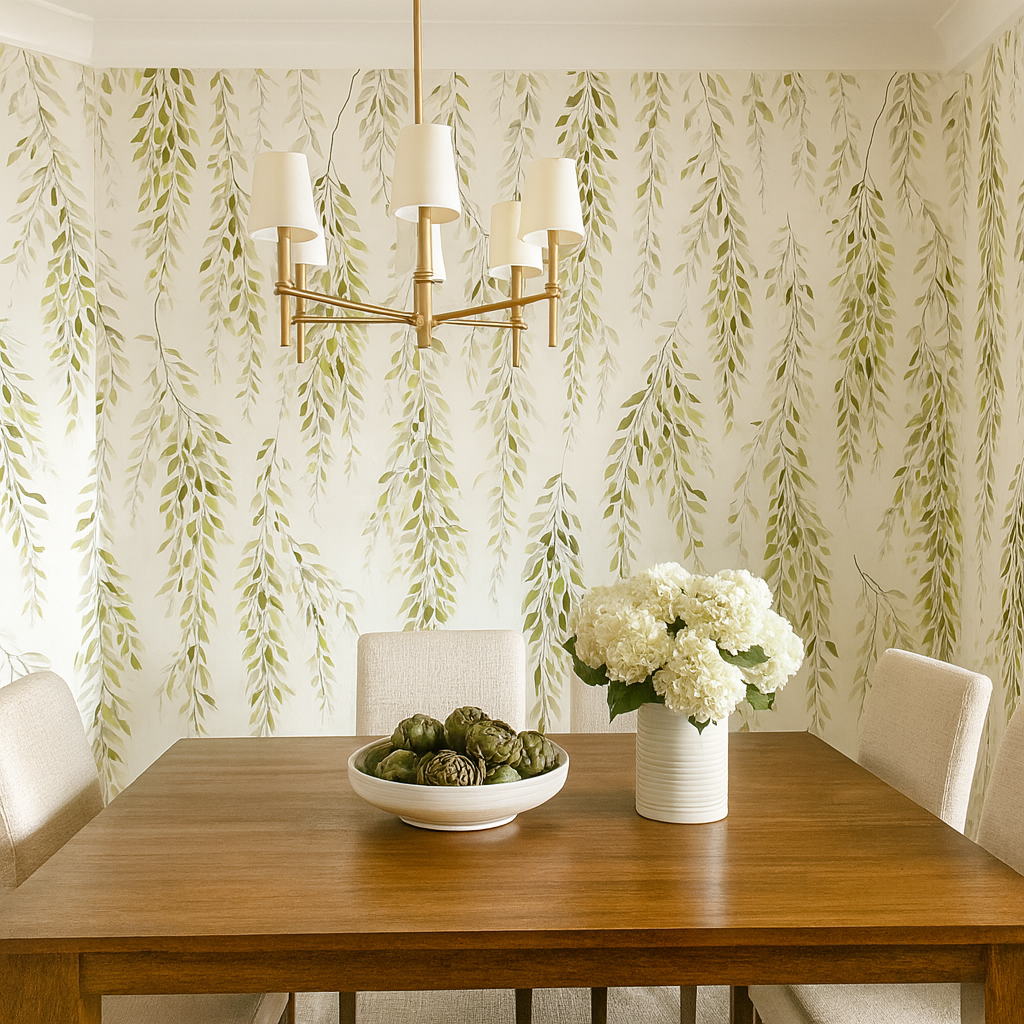 Weeping Grove Wallpaper with a green leaf pattern, styled in a dining room.