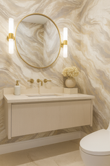 Mineral Drift wallpaper featuring beige and gray swirling patterns, with a gold accent vein texture.