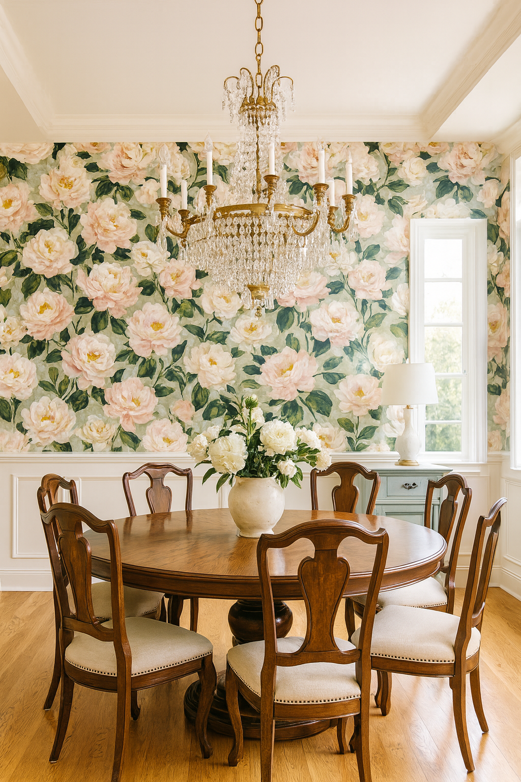 Floral Peony Reverie Wallpaper with a pink and green botanical print.
