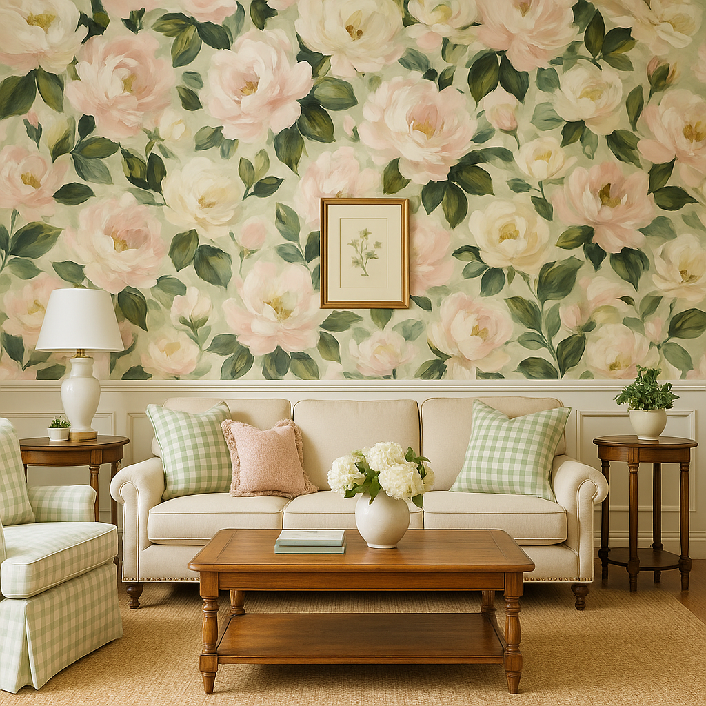 Floral peony reverie wallpaper with green leaves, from a wallpaper background and a framed botanical print.
