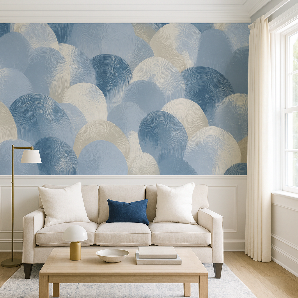 Blue seafoam swirl wallpaper with rounded pattern, textured design on a wall.
