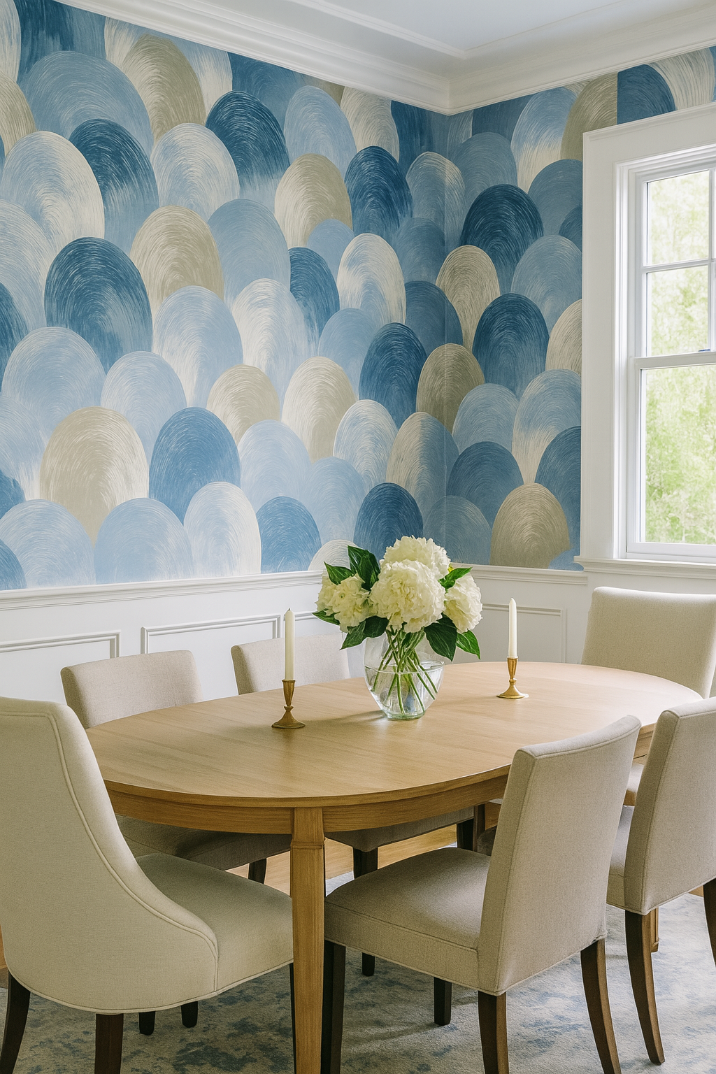 Blue and beige swirl wallpaper with scallop pattern, textured background, and geometric shapes.