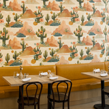 Desert-themed wallpaper with saguaro cacti and mesa design, featuring neutral tones.
