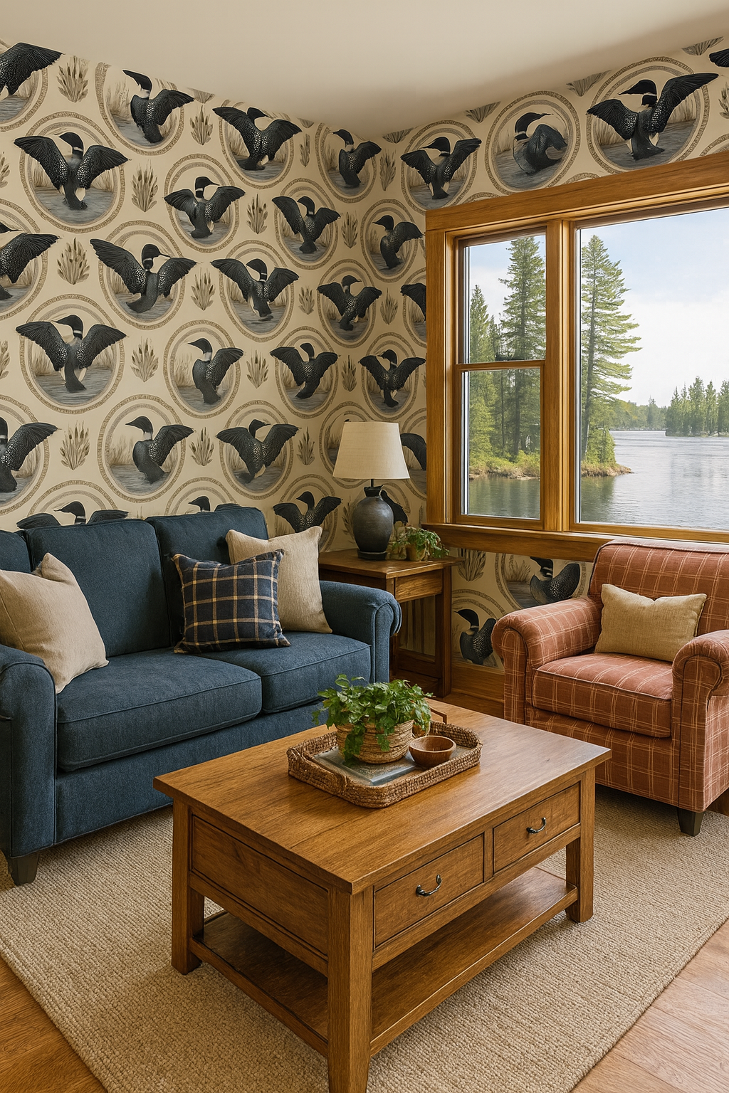 Patterned Northern Loon wallpaper with bird and reeds design.