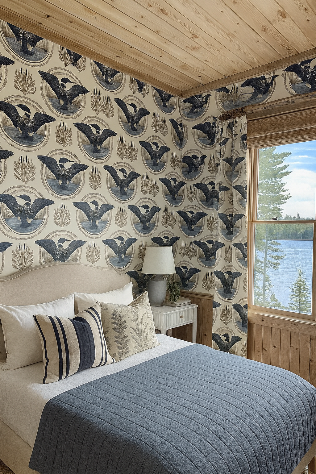 Northern Loon Wallpaper with loon pattern, over a bed and side table, by a window.

