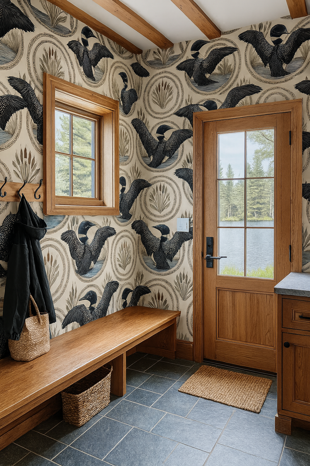 Northern Loon Wallpaper with loon pattern over a light beige background.
