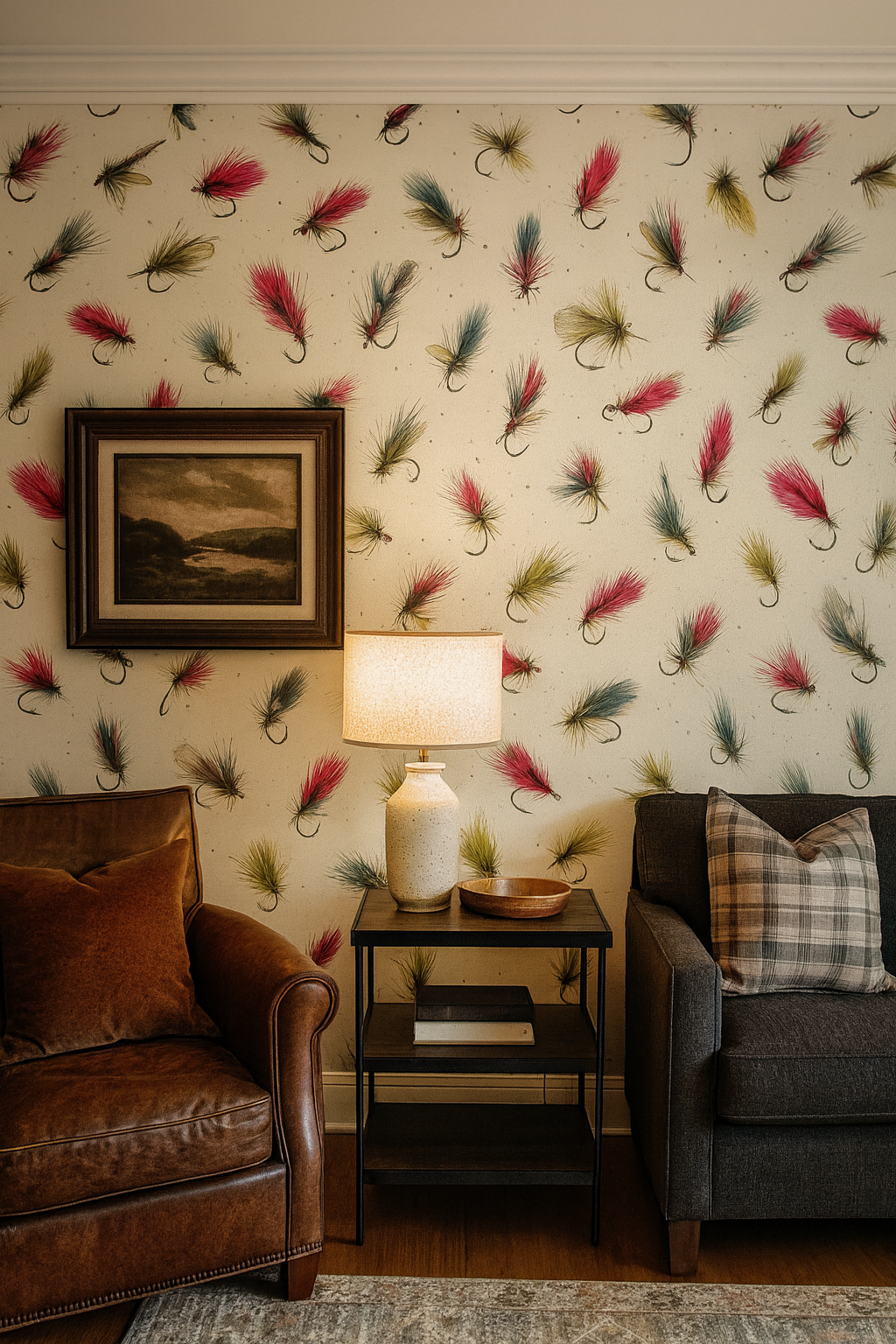 Lure-You-In wallpaper with multi-colored fly fishing lure pattern on a beige background.