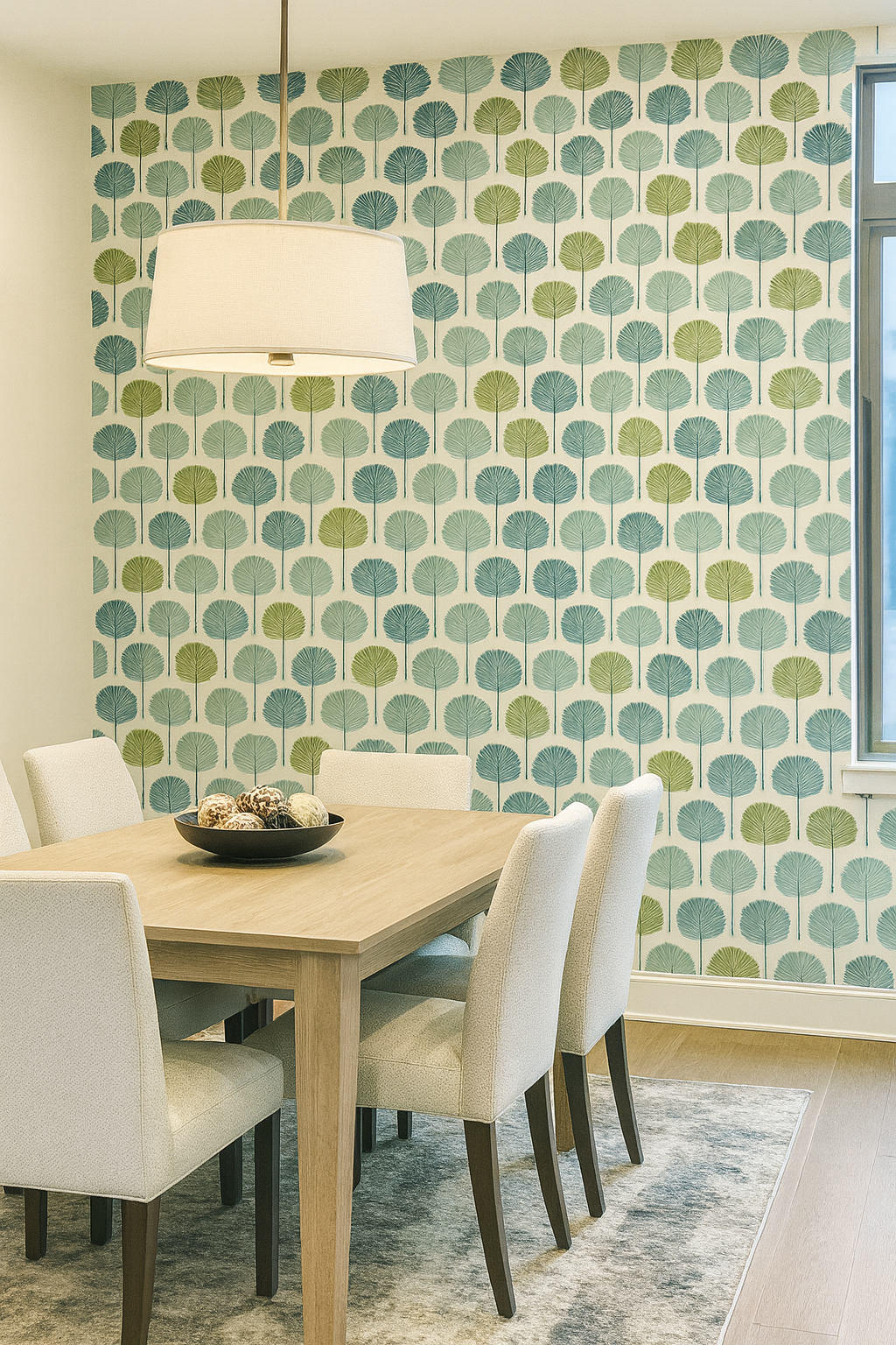 Palmetto Parade Wallpaper with light green palm frond pattern on off-white background.
