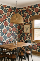 Floral print wallpaper with red and blue blooms, patterned background, and warm color palette.