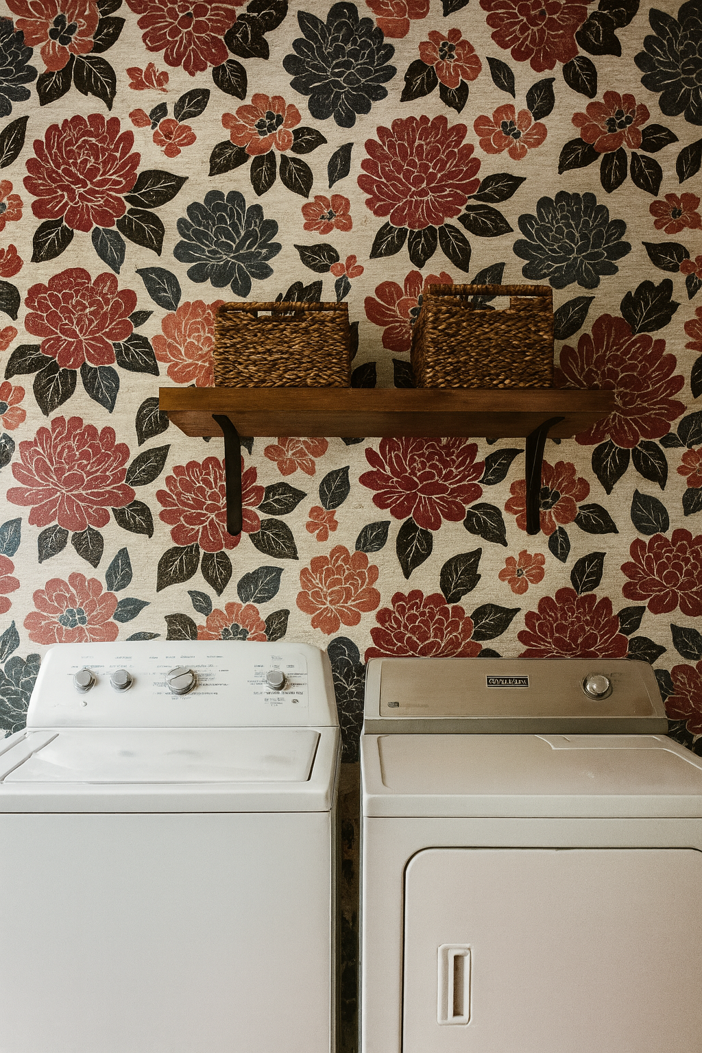 Floral bloom wallpaper with red and navy print against a light neutral background.