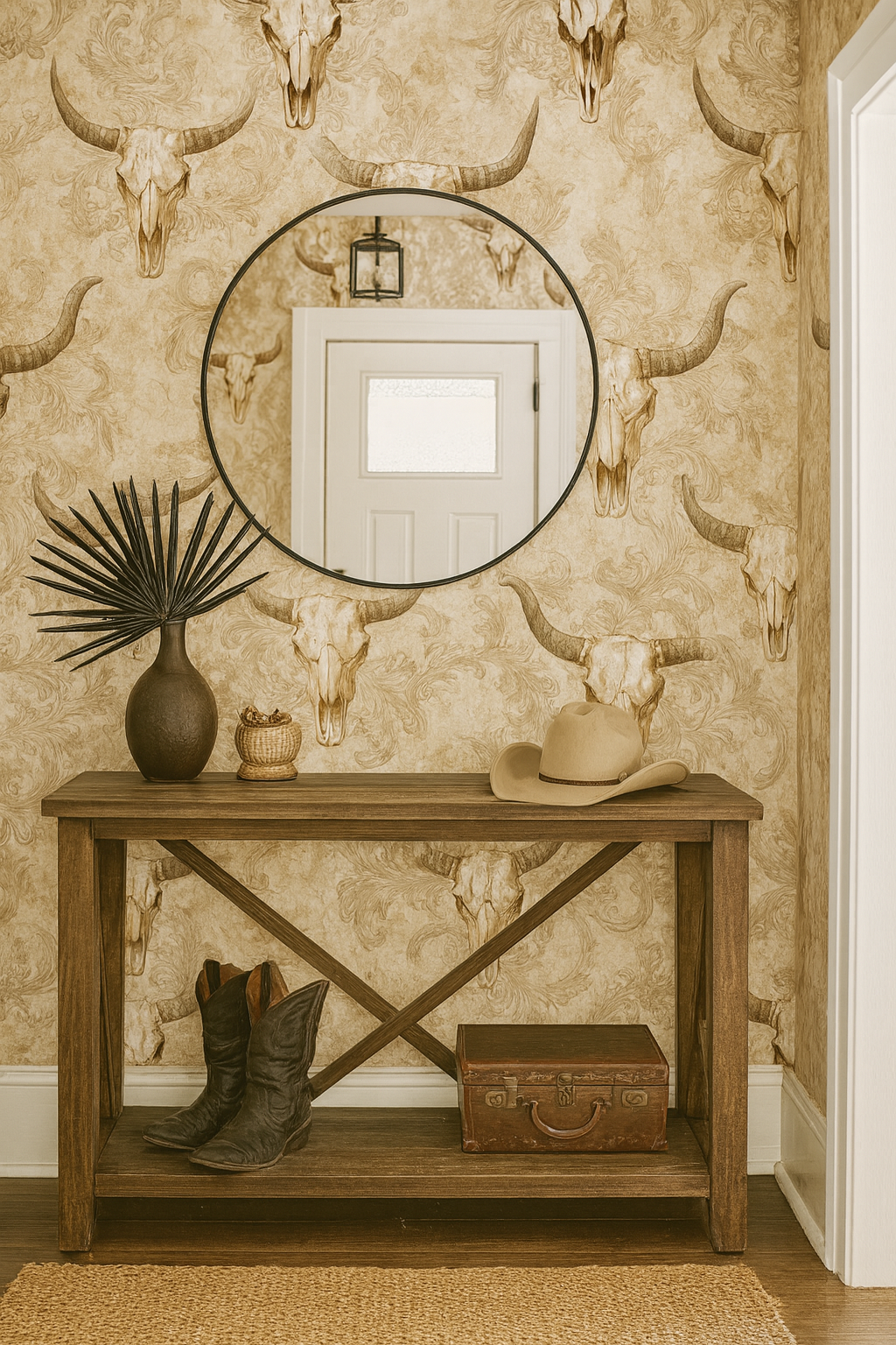 Longhorn Camp Wallpaper featuring a bull skull pattern with damask accents.