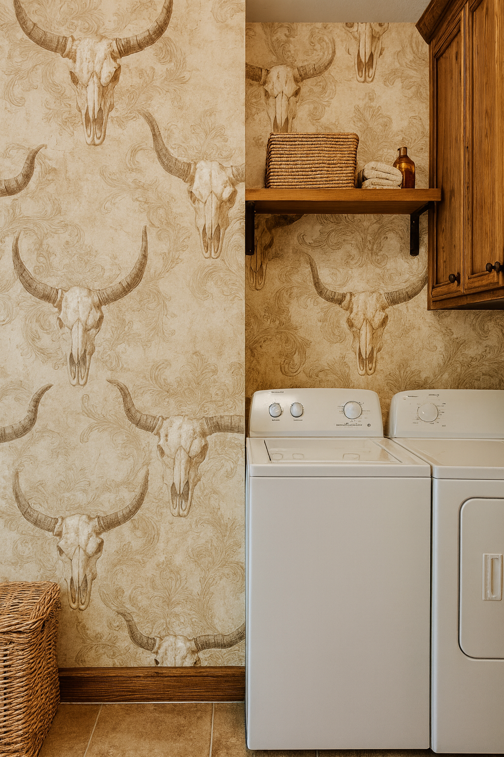 Patterned Longhorn Camp Wallpaper with skull and scrollwork details.