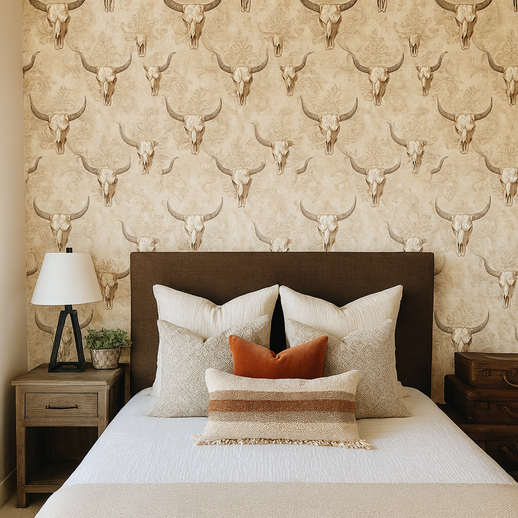 Longhorn Camp Wallpaper with tan longhorn skull pattern over damask backdrop.
