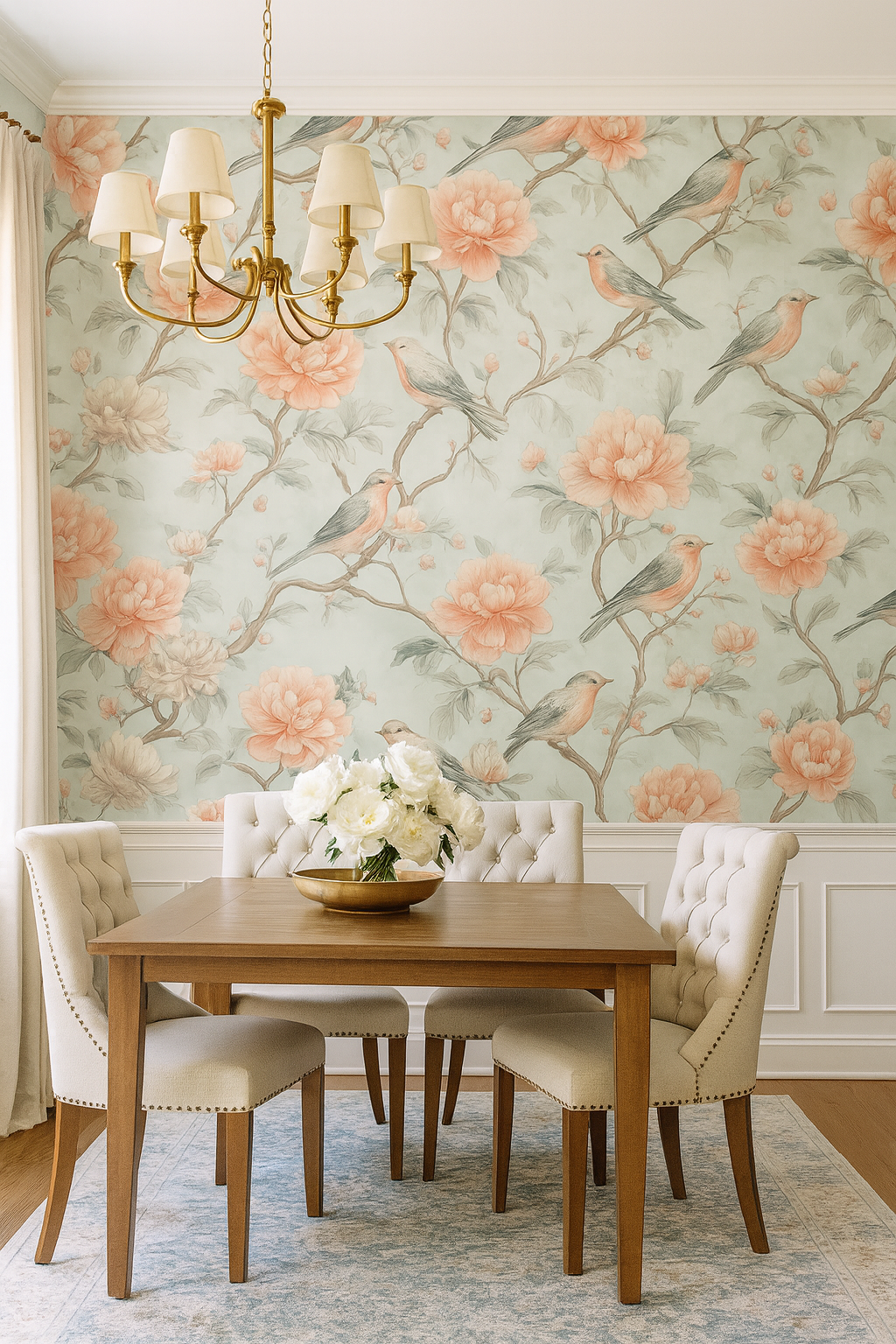 Spring Nocturne Wallpaper with bird and floral pattern on a light green background.
