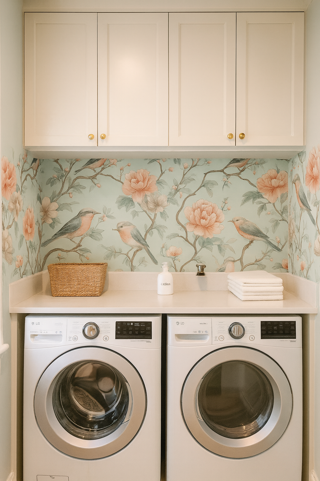 Floral and bird wallpaper with a light blue background featuring pink roses and branches.
