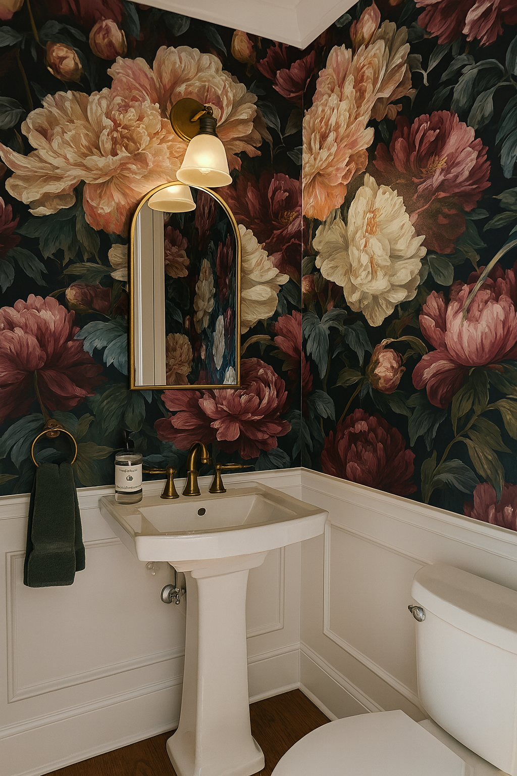 Floral Nocturne Peonia wallpaper with red and peach peony pattern.
