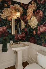 Floral Nocturne Peonia wallpaper with red and peach peony pattern.
