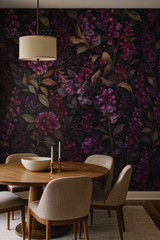 Witching Flora wallpaper with floral pattern on dark background.
