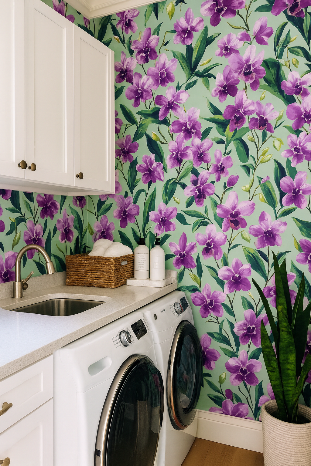 Velvet Tropica Wallpaper with a purple orchid floral design over light green backdrop.