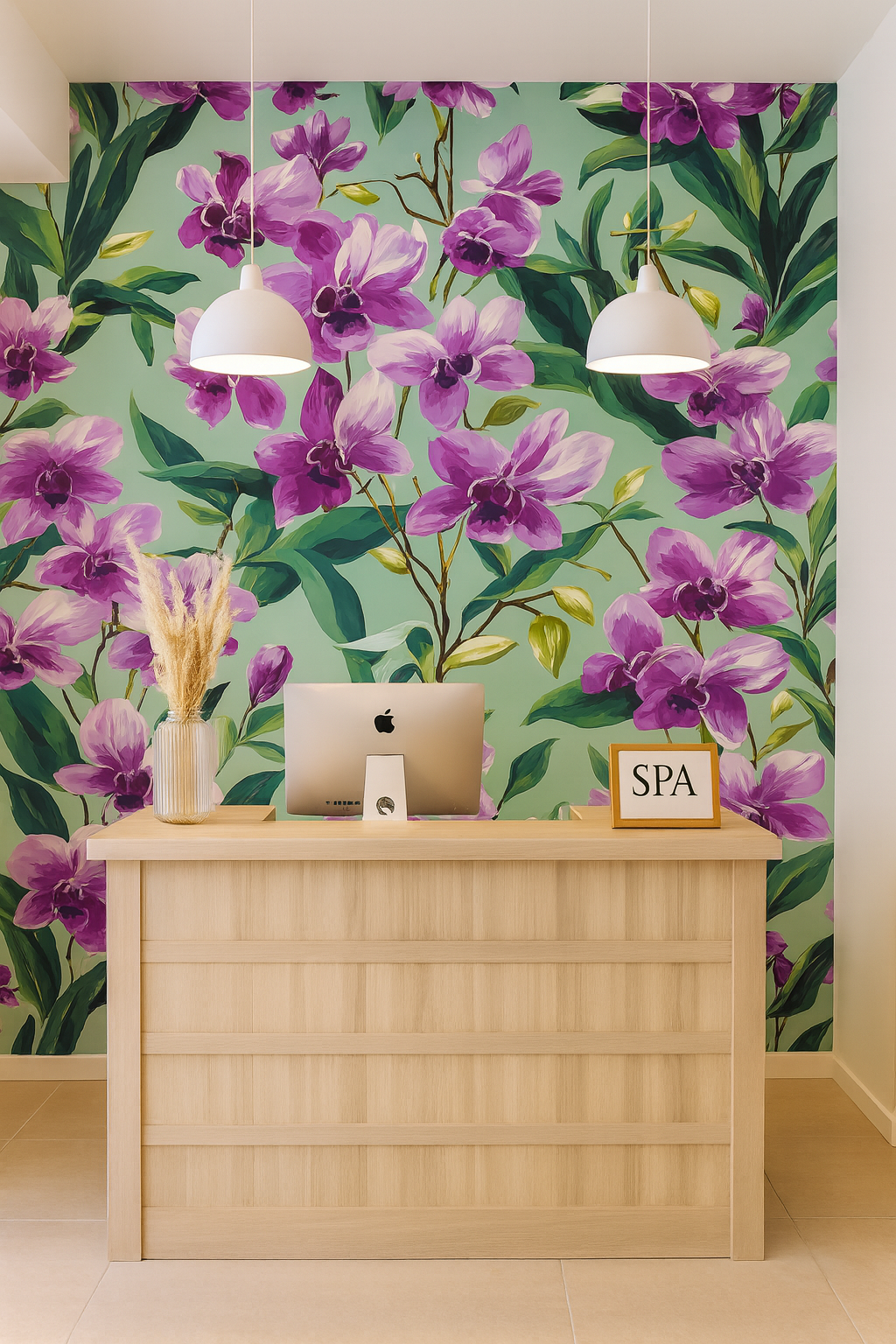 Floral wallpaper with purple orchid pattern on a light green background.