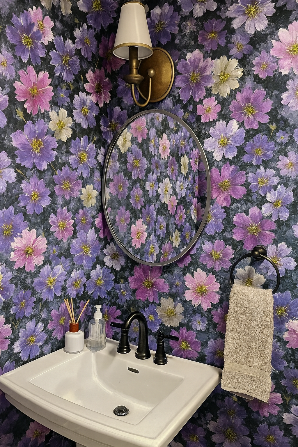 Moonlit Meadow Wallpaper with purple flowers pattern on a dark background.