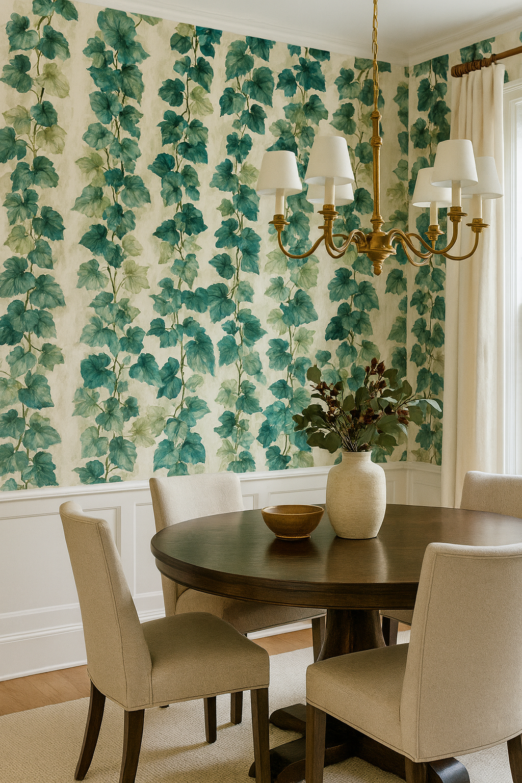 Verdigris vines wallpaper with blue and green leaves, patterned against an off-white background.