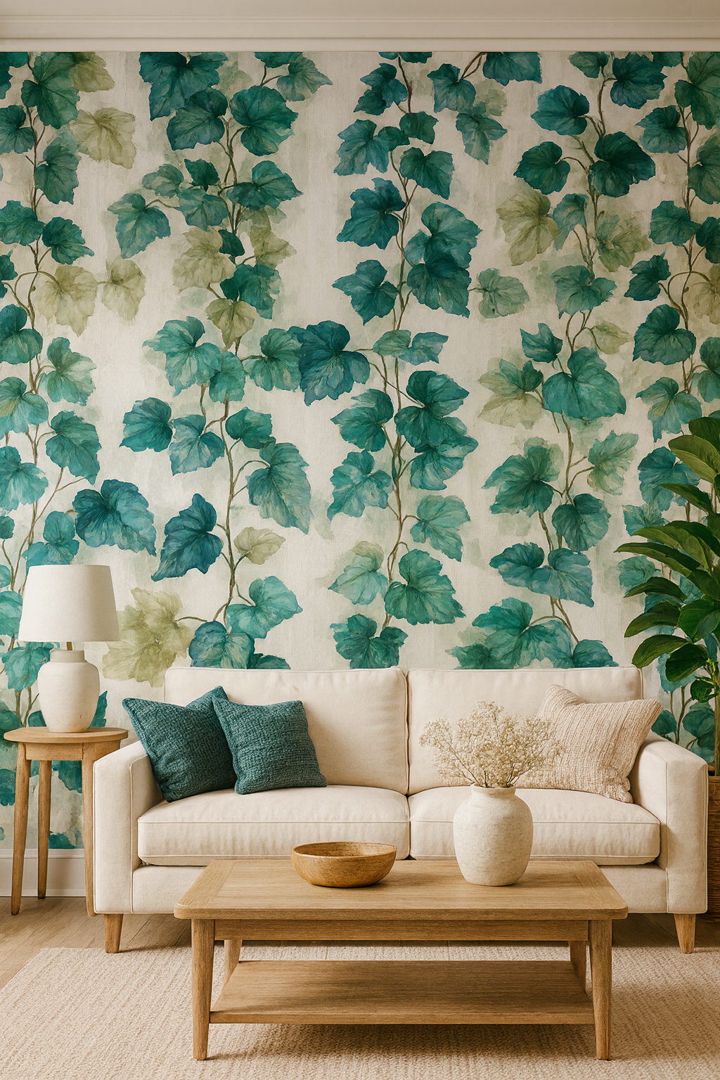 Botanical wallpaper with teal and green leaves pattern on an off-white background.
