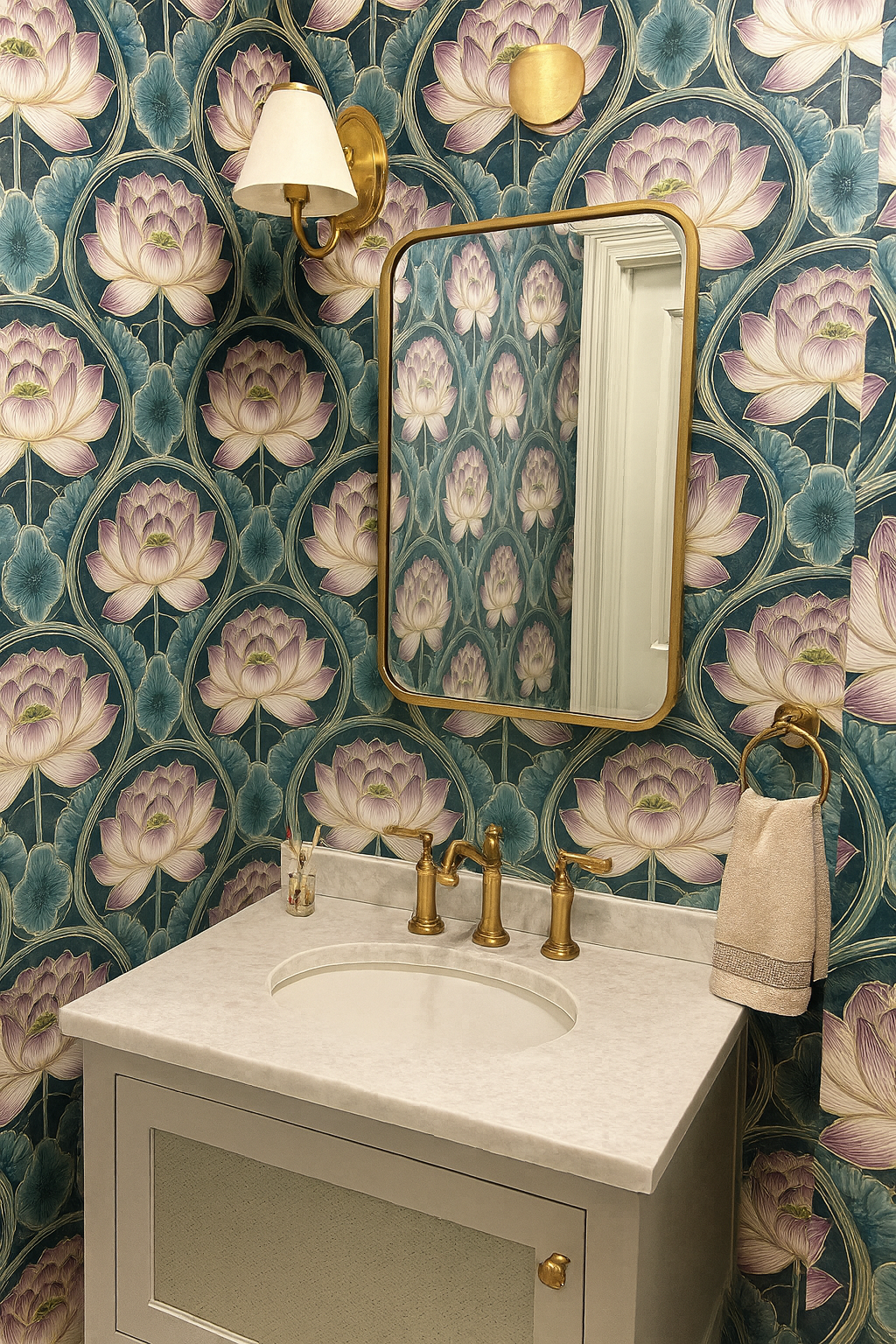 Floral pattern wallpaper with lotus design from Tea Garden, adorning a vintage-style bathroom.
