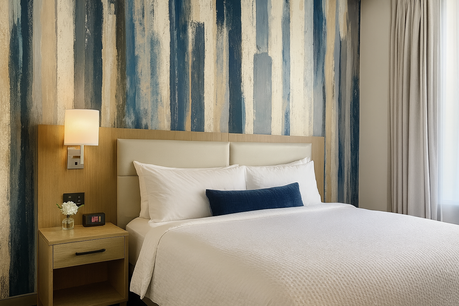 Gouache Drift wallpaper with painted stripes in blue and beige tones.