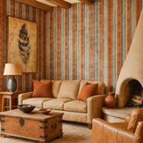 Nomad’s Ledger wallpaper with stripe pattern, visible on a living room wall.
