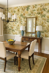 Botanical wallpaper featuring green and yellow leaves on a beige backdrop, with a traditional aesthetic.
