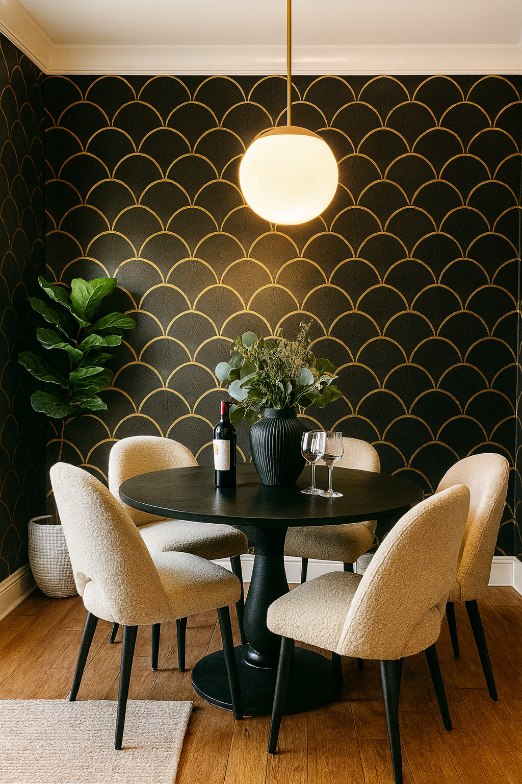 Scales of Fortune Wallpaper with gold geometric scallop pattern on black background.
